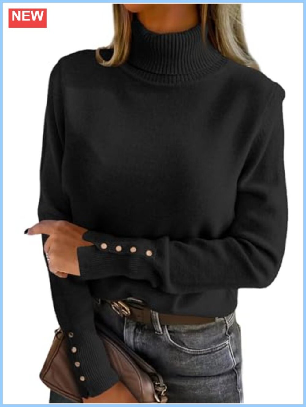 Turtleneck Sweater Long Sleeve Pullover Ribbed Trim Button Cuff